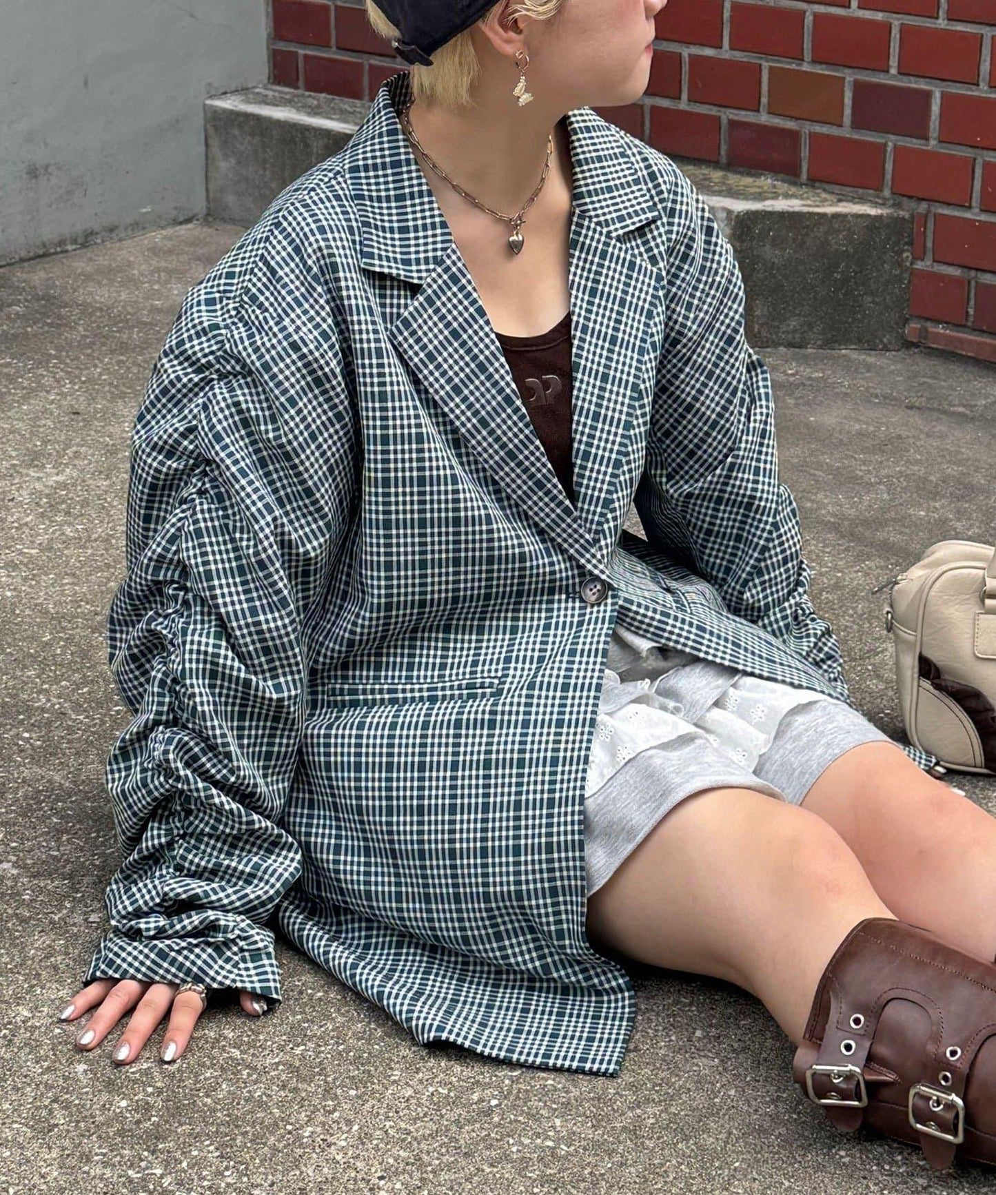 袖口褶皺格紋大爺夾克