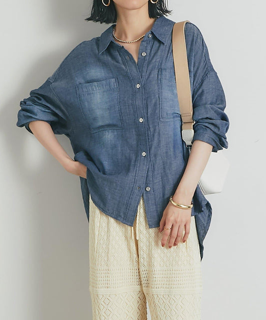 《純棉100%・適度透感》爆炸紗圓領牛仔襯衫