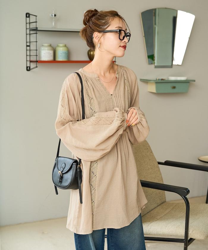 印度蕾絲褶飾長袖襯衫