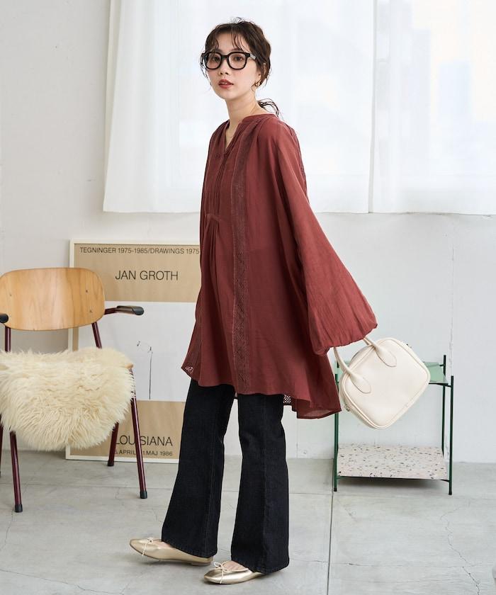 印度蕾絲褶飾長袖襯衫