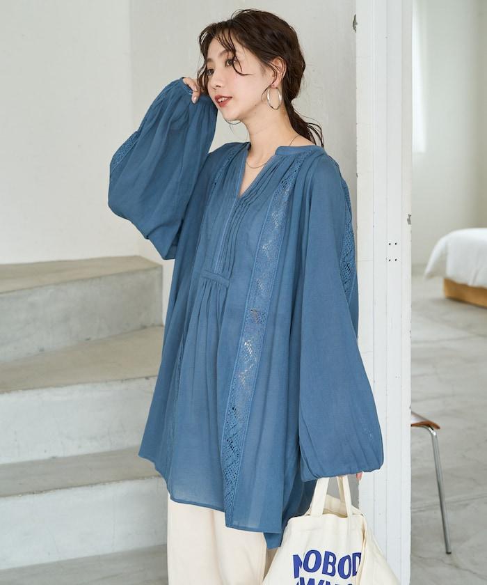 印度蕾絲褶飾長袖襯衫