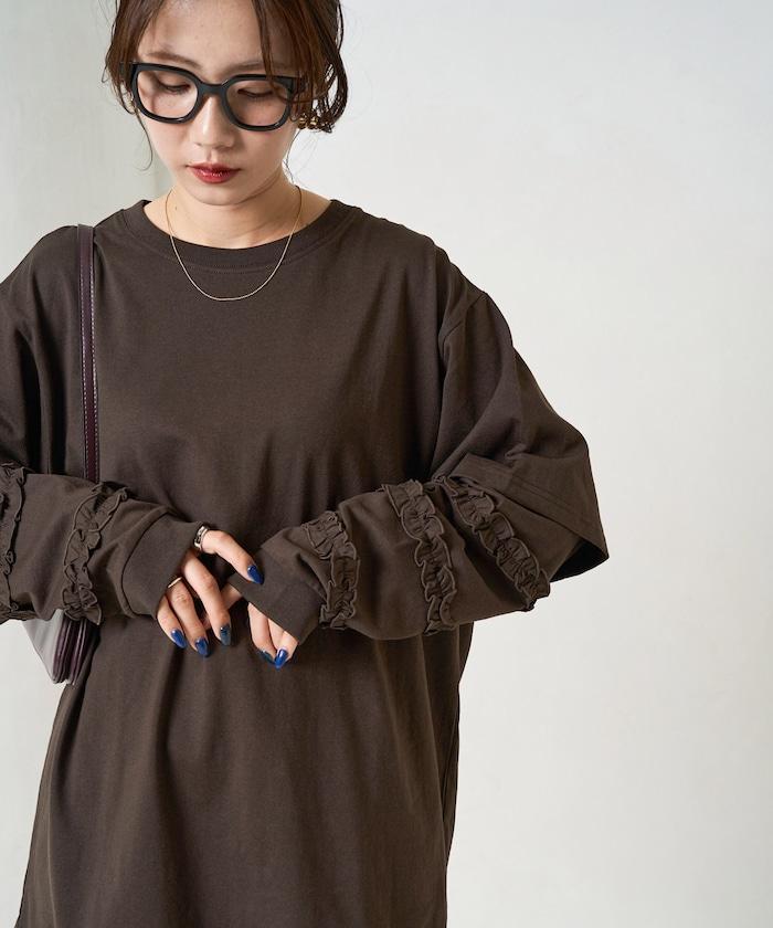 袖部荷葉邊疊層長袖T恤