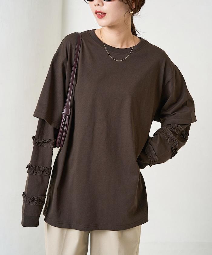 袖部荷葉邊疊層長袖T恤