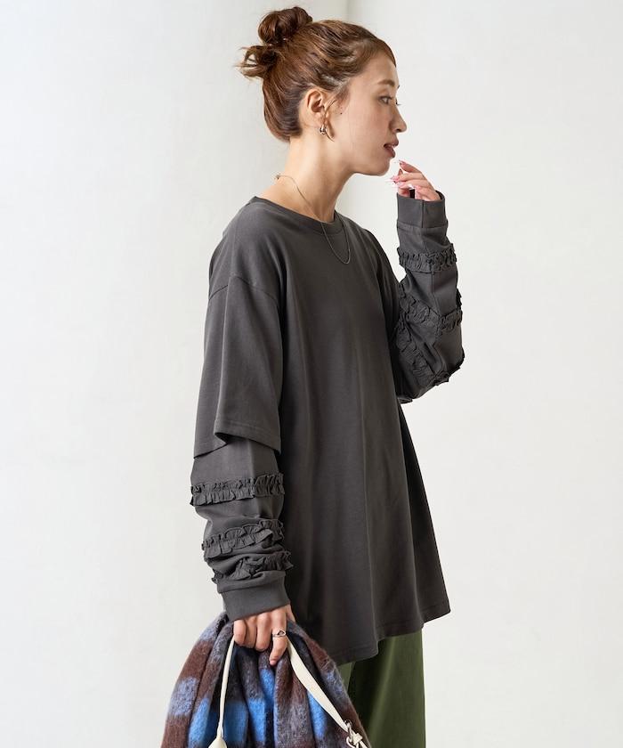 袖部荷葉邊疊層長袖T恤