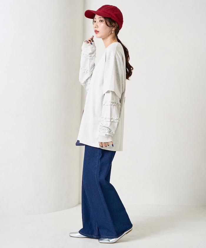 袖部荷葉邊疊層長袖T恤