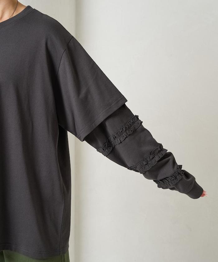 袖部荷葉邊疊層長袖T恤