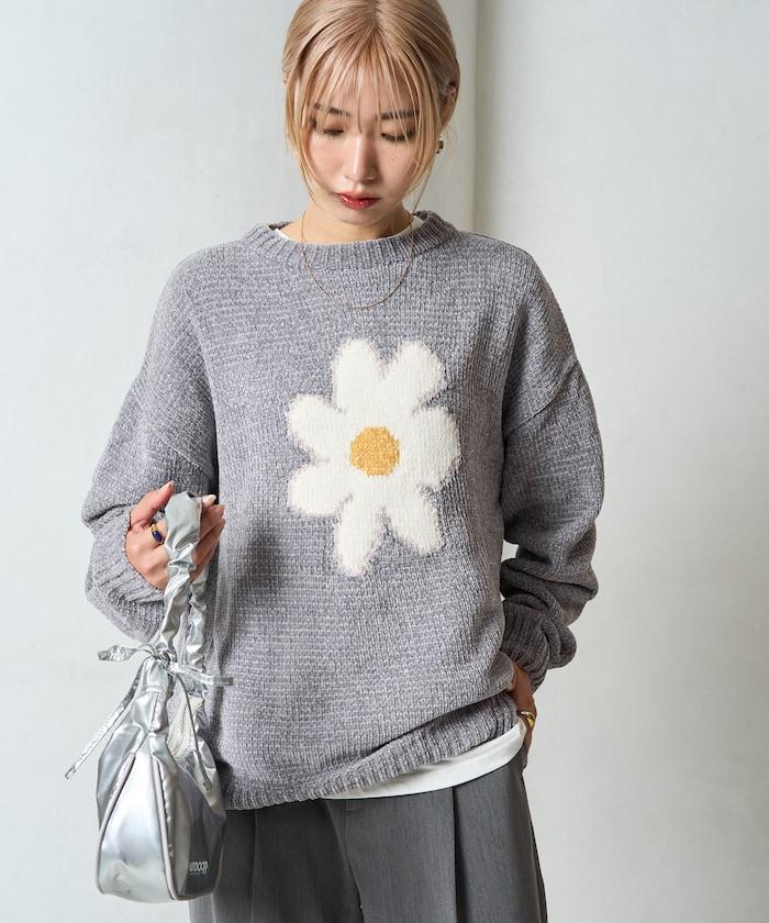 花卉絨球針織套頭衫