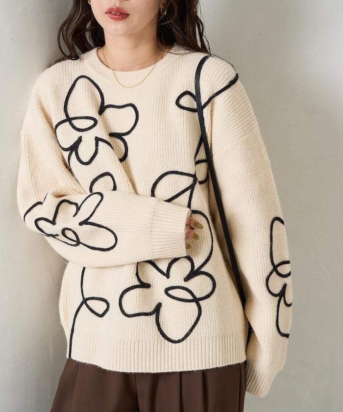 刺繡花卉圖案針織套頭衫