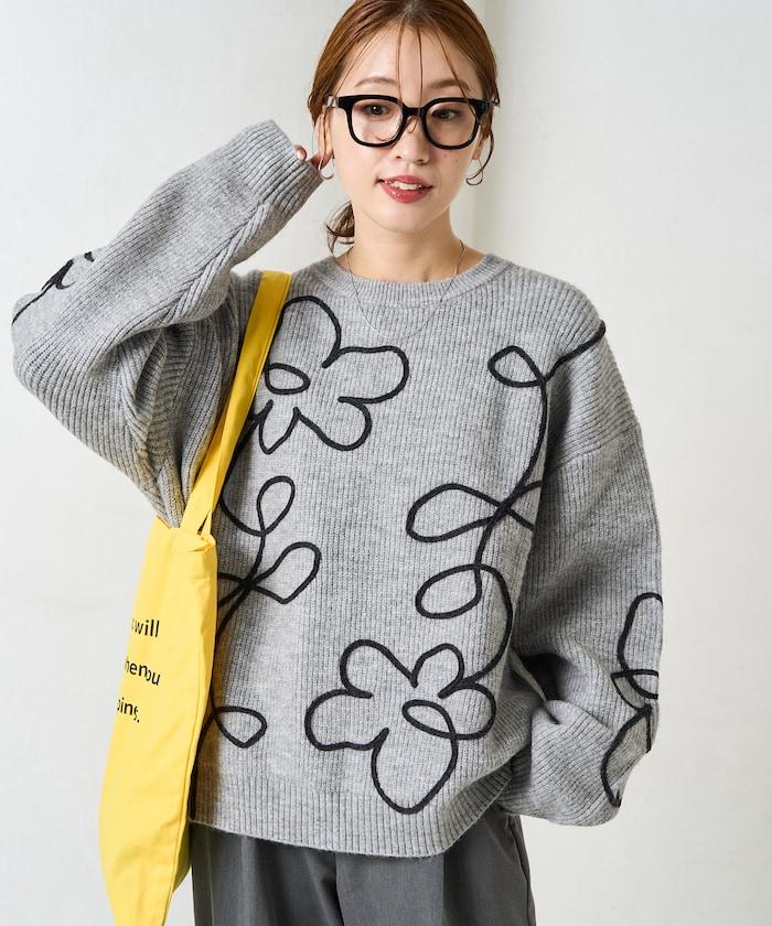 刺繡花卉圖案針織套頭衫