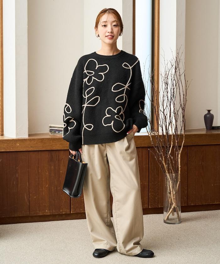 刺繡花卉圖案針織套頭衫