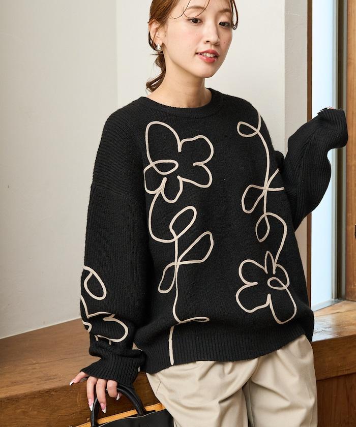 刺繡花卉圖案針織套頭衫