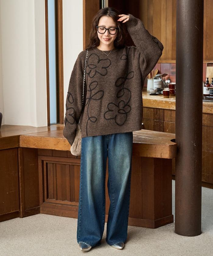 刺繡花卉圖案針織套頭衫