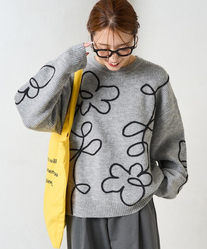 刺繡花卉圖案針織套頭衫