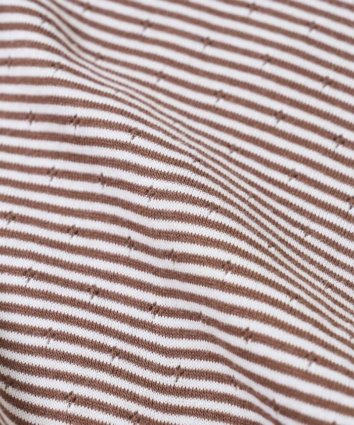 貝殼褶皺針織條紋五分袖T恤
