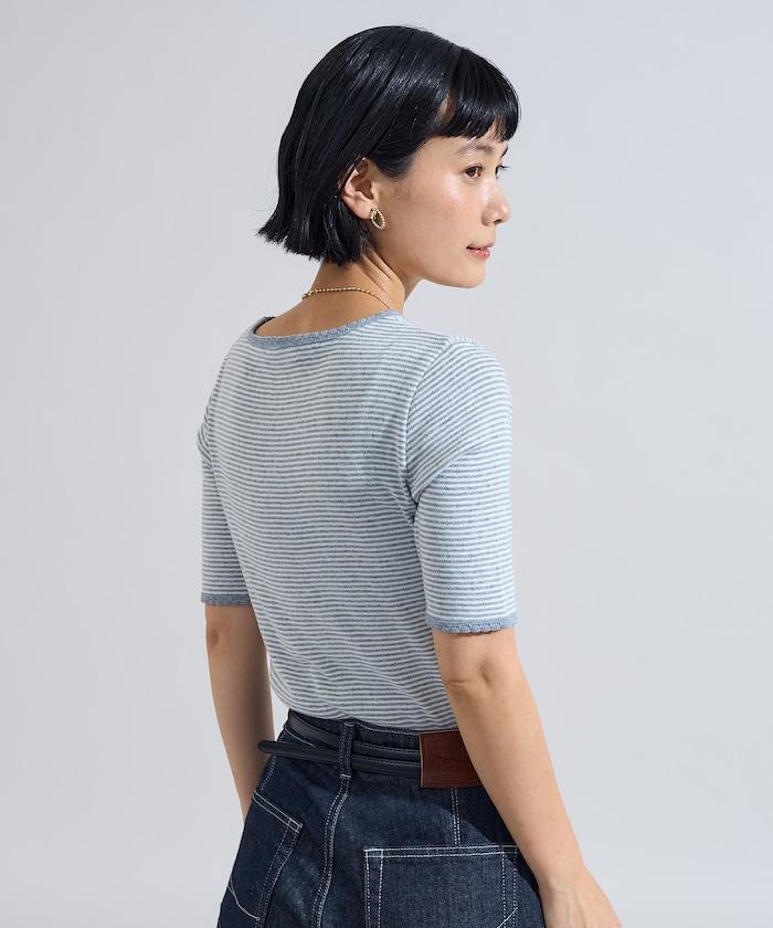 貝殼褶皺針織條紋五分袖T恤