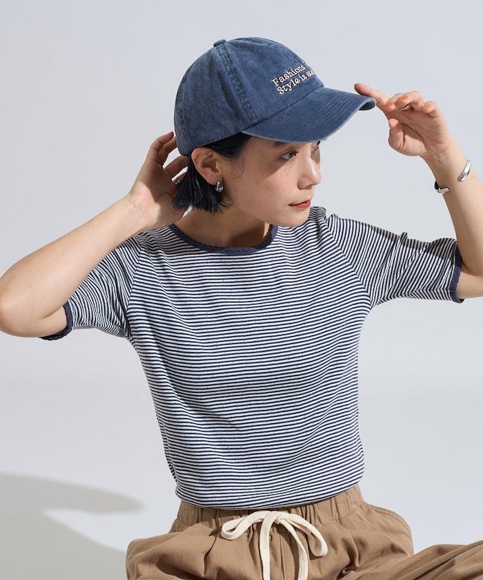 貝殼褶皺針織條紋五分袖T恤