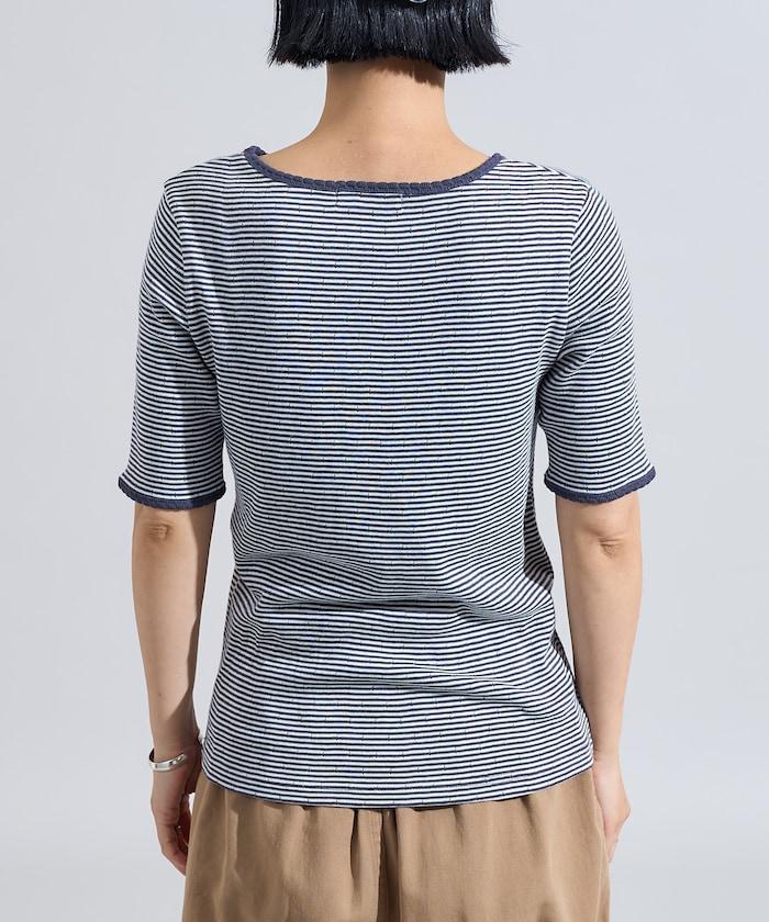 貝殼褶皺針織條紋五分袖T恤