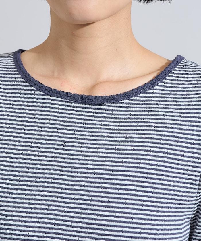 貝殼褶皺針織條紋五分袖T恤