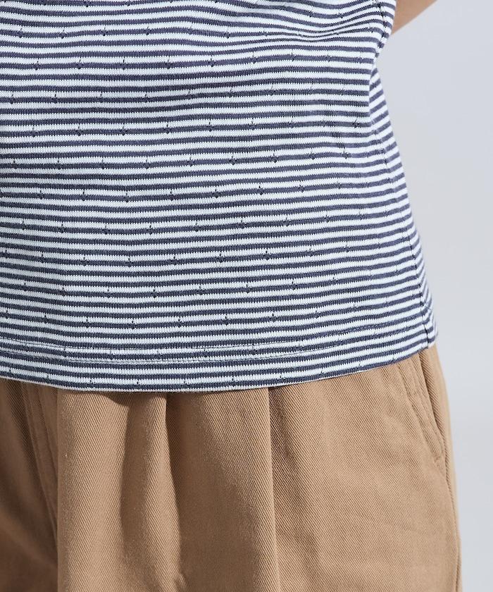 貝殼褶皺針織條紋五分袖T恤