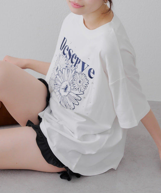 亮片花朵刺繡寬鬆T恤