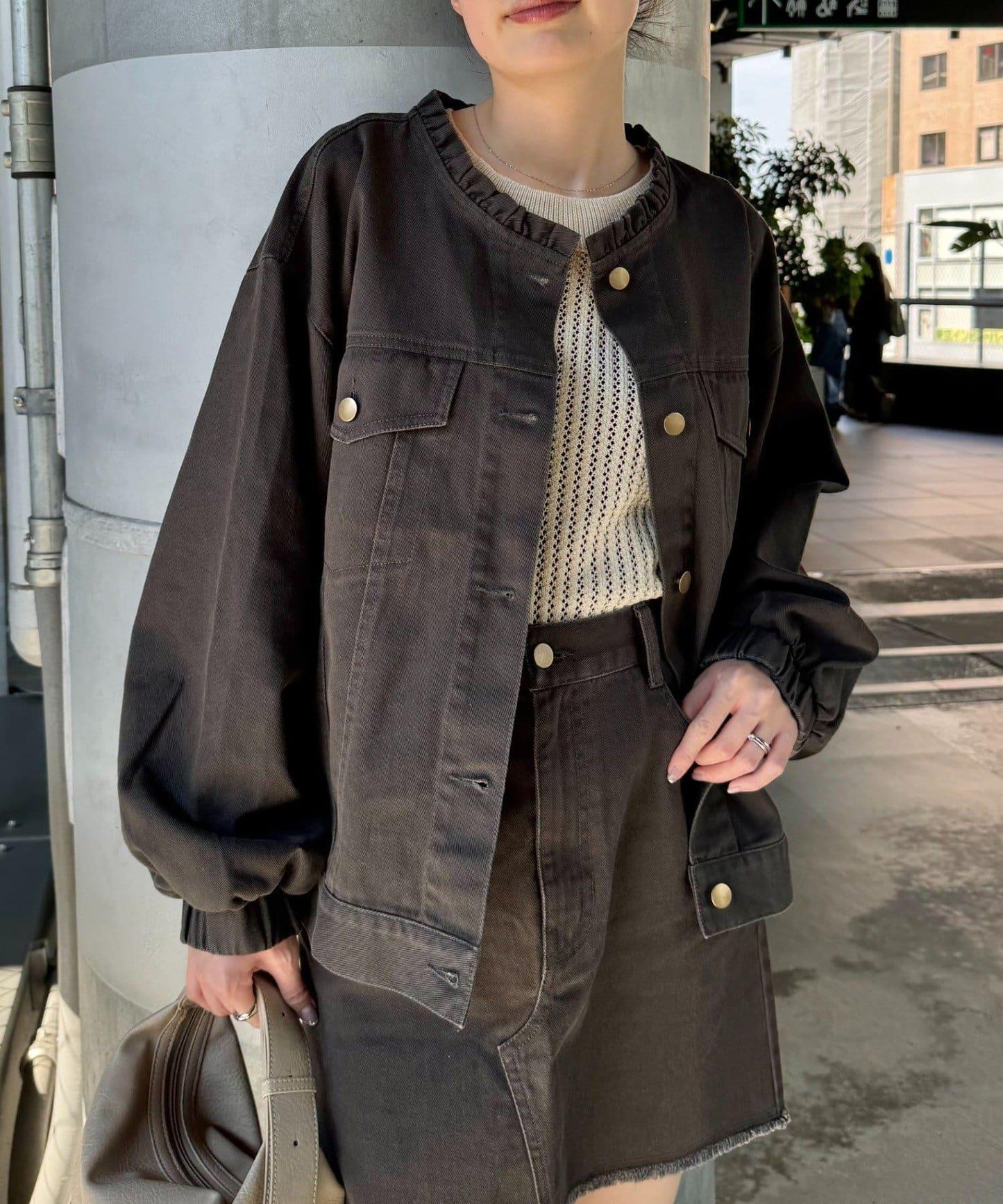 【willow】無領微荷葉邊袖寬鬆夾克