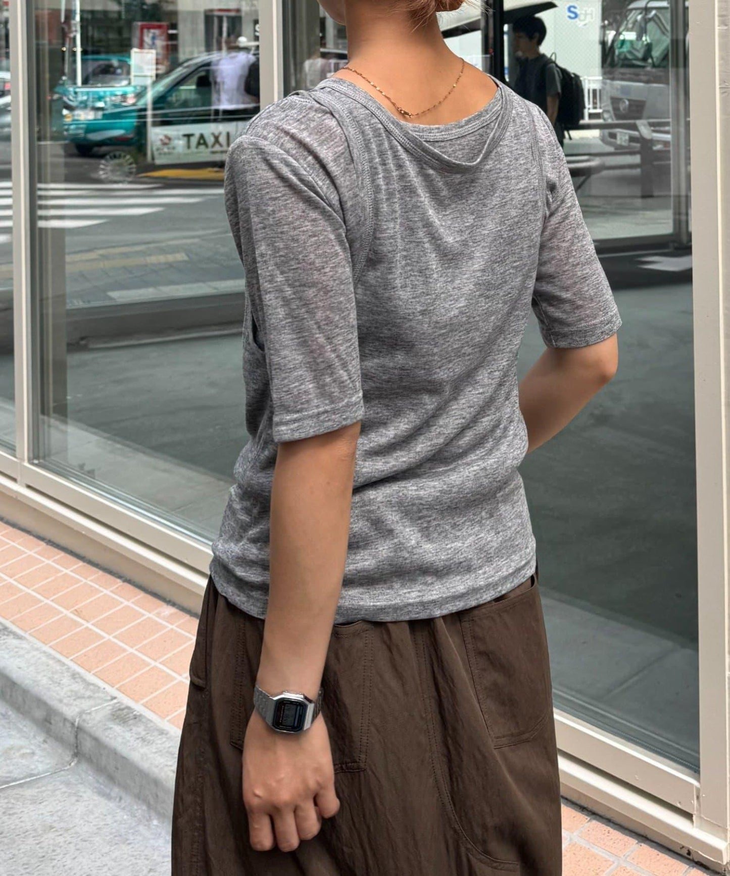 【willow】五分袖透視紗布紐扣背心套裝上衣