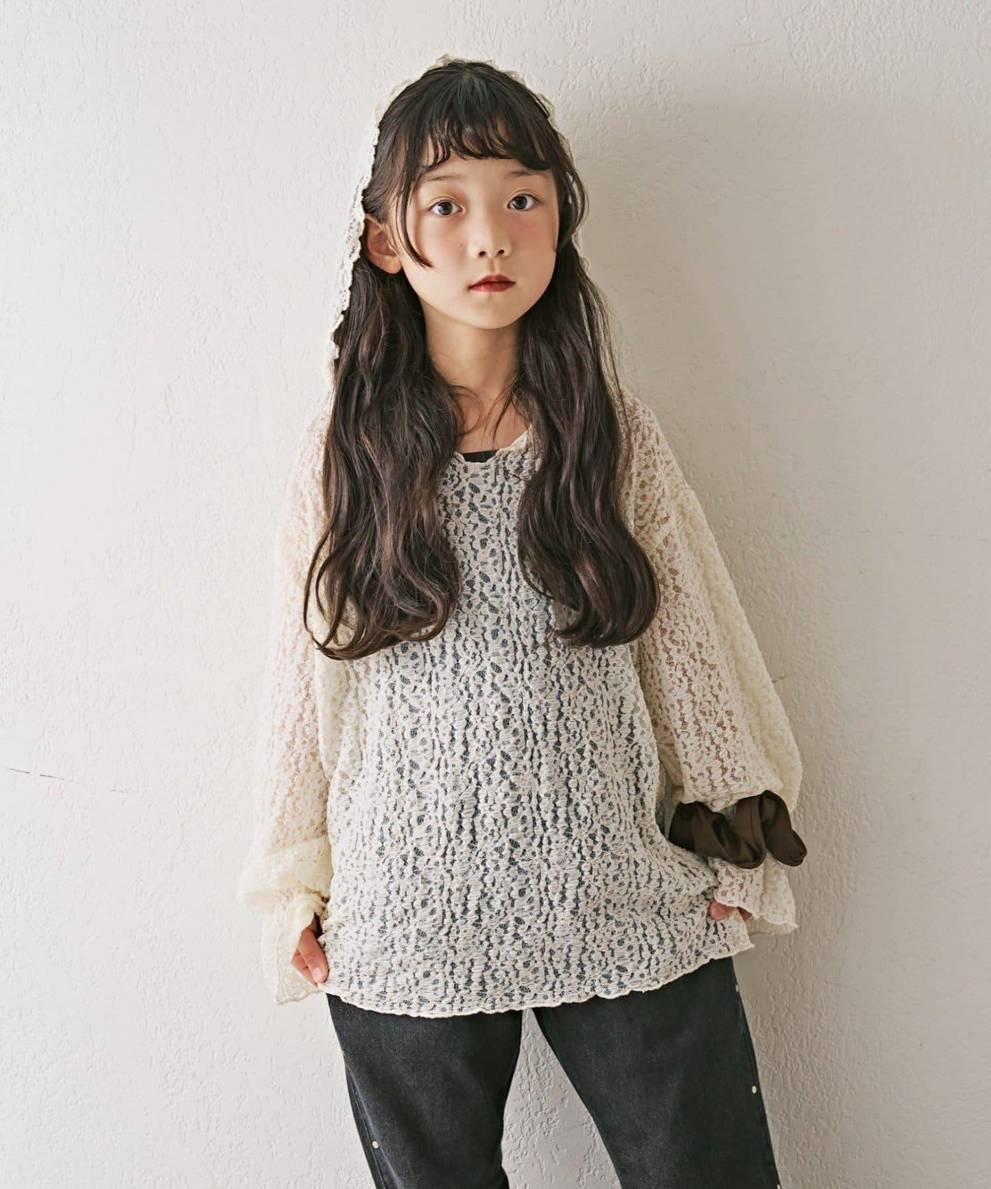 【KIDS】彈力蕾絲連帽衫