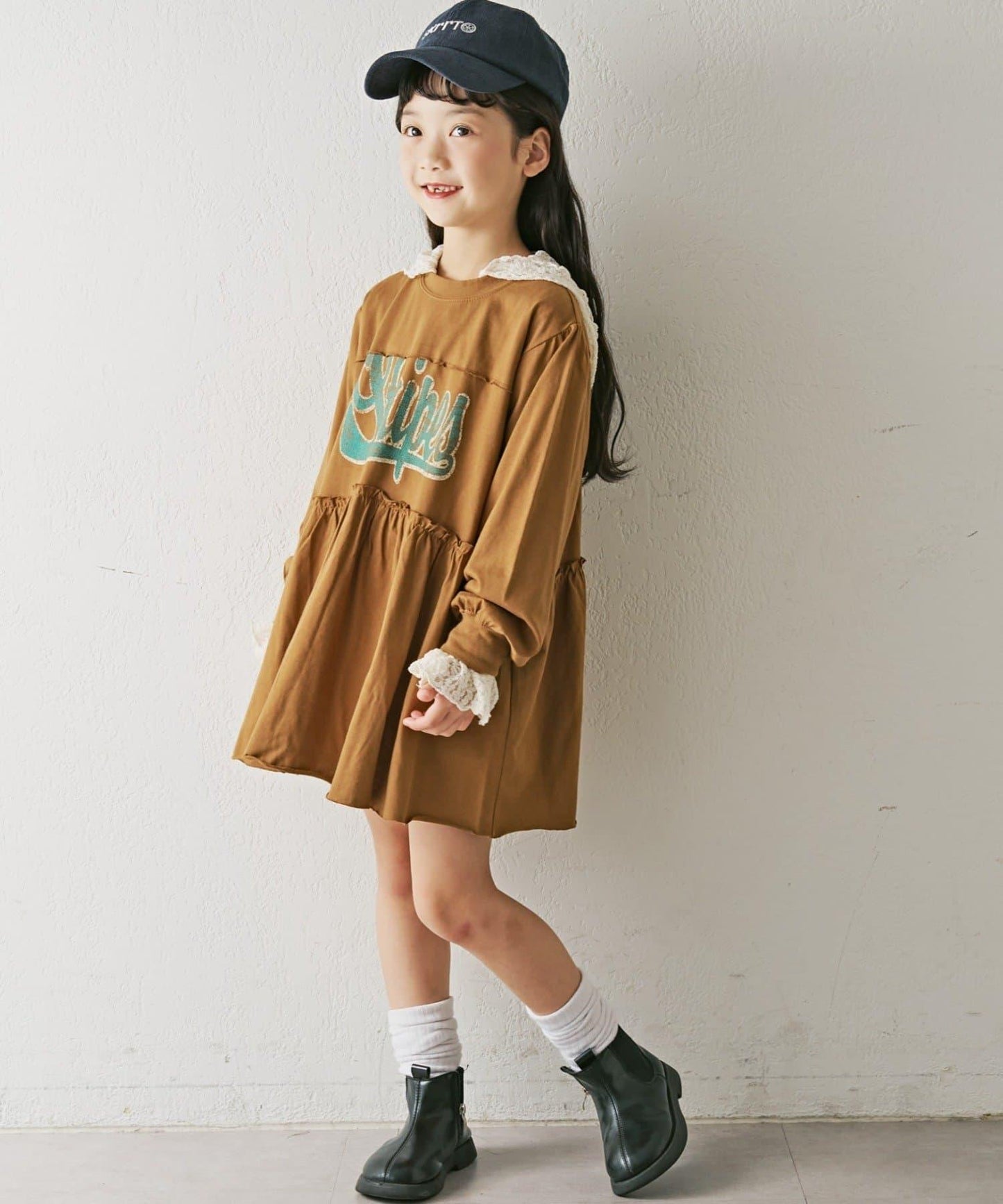 【KIDS】磨砂字母長袖束腰迷你連衣裙