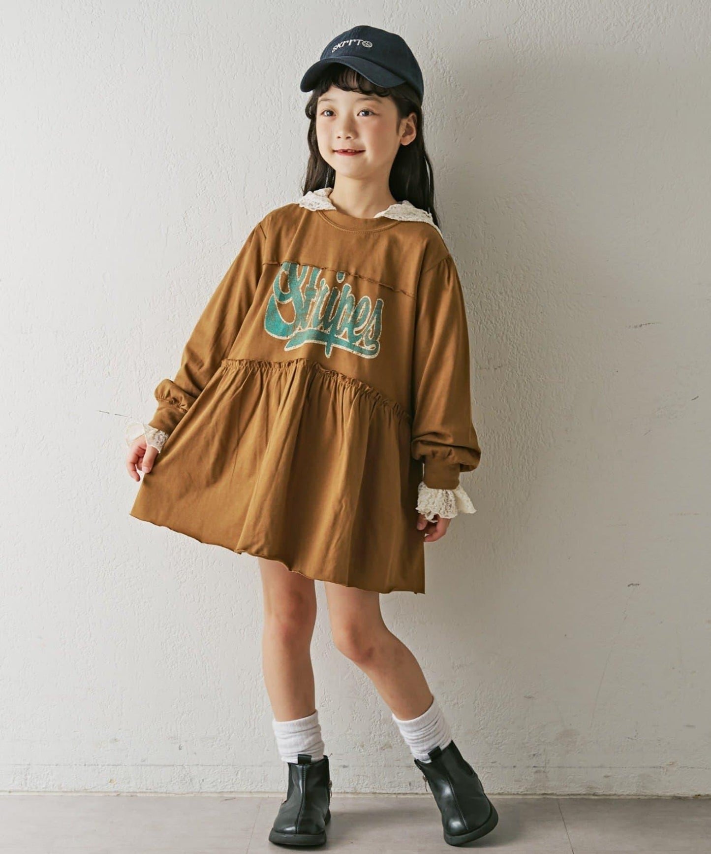 【KIDS】磨砂字母長袖束腰迷你連衣裙