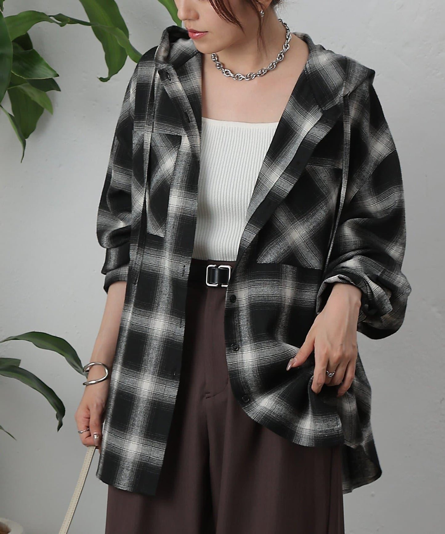 【AW/】磨毛格紋連帽襯衫