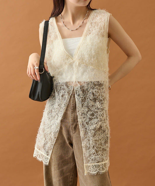 長毛蕾絲背心長款上衣