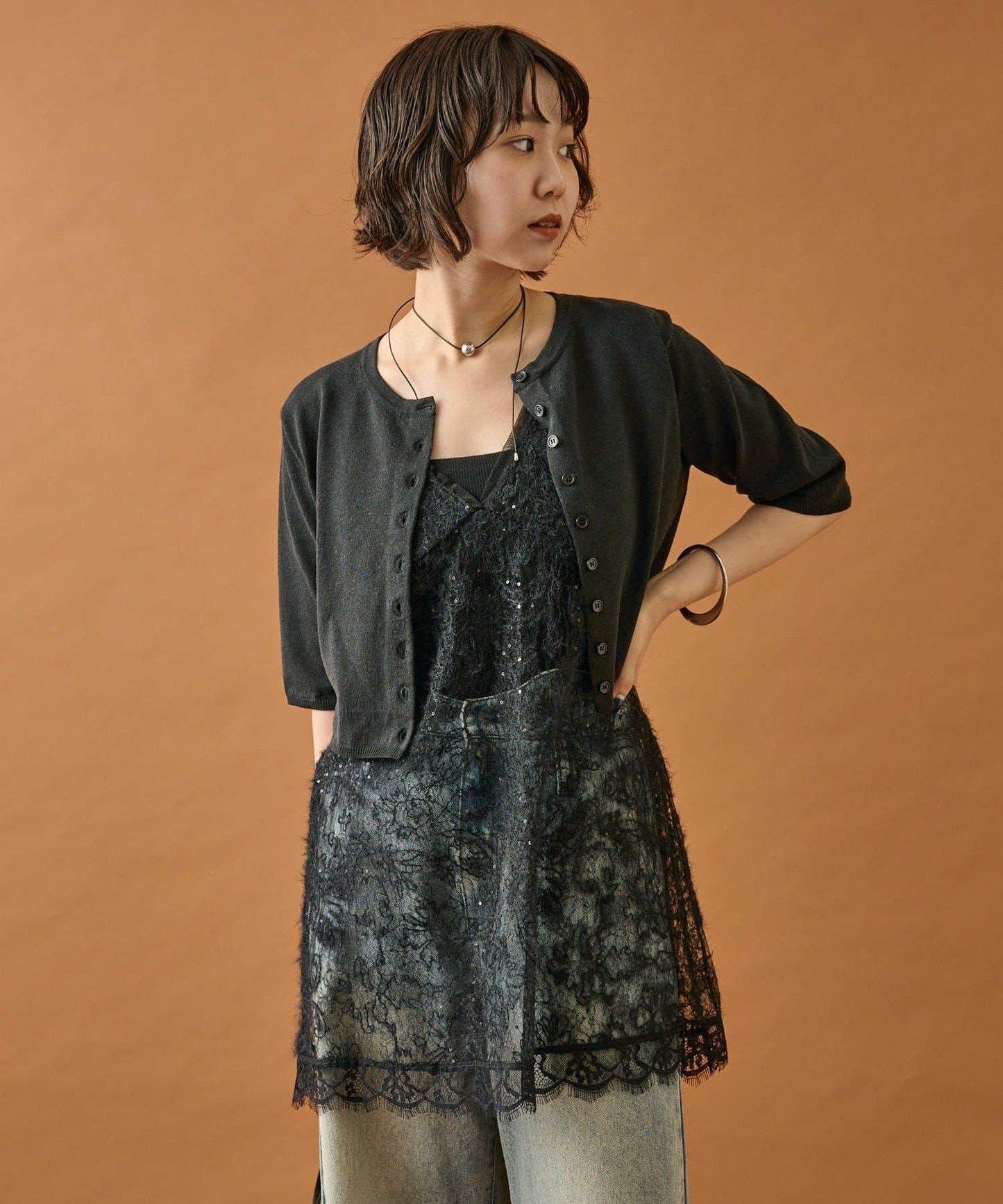 長毛蕾絲背心長款上衣