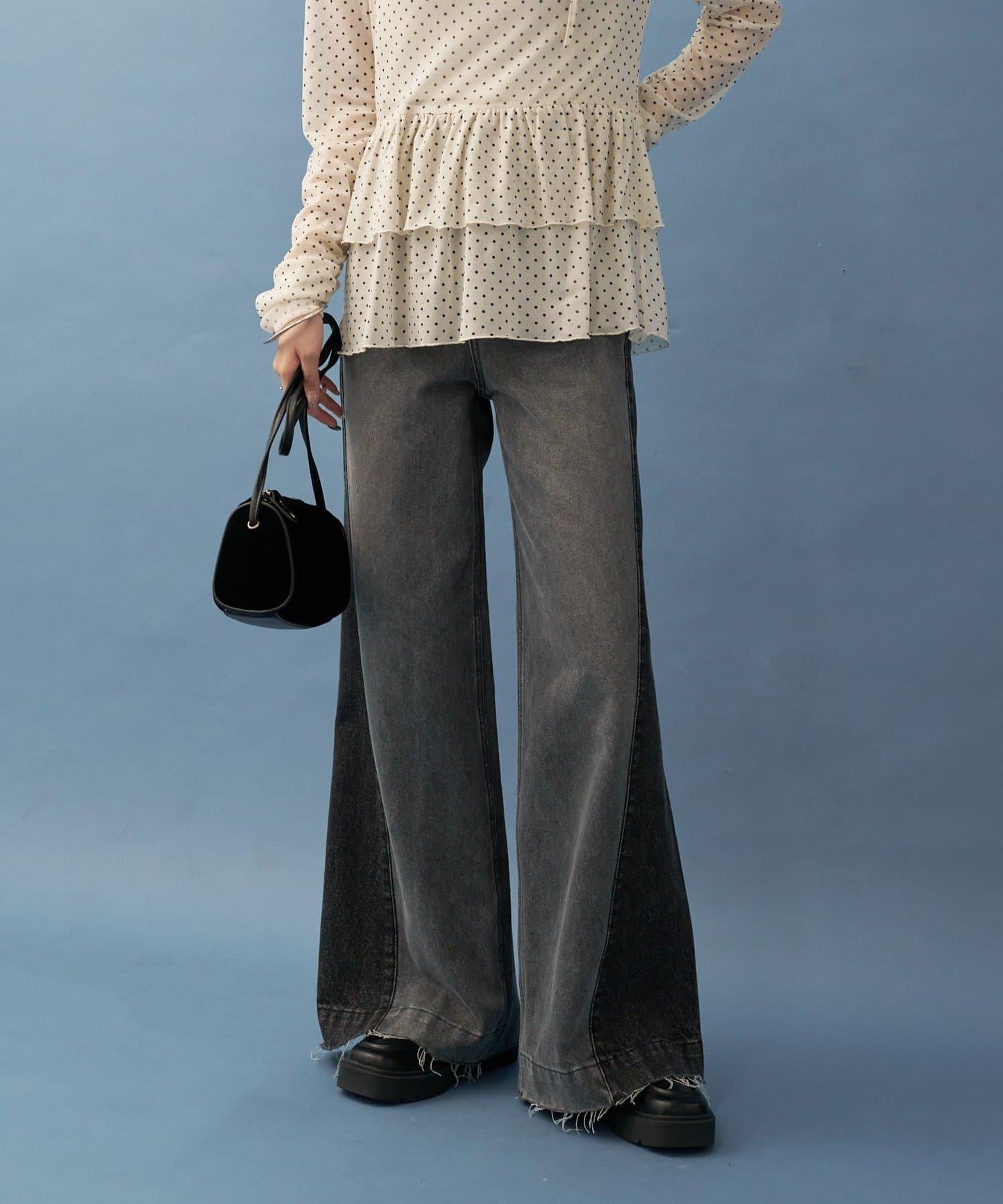 【高腰顯腿長】拼接牛仔褲