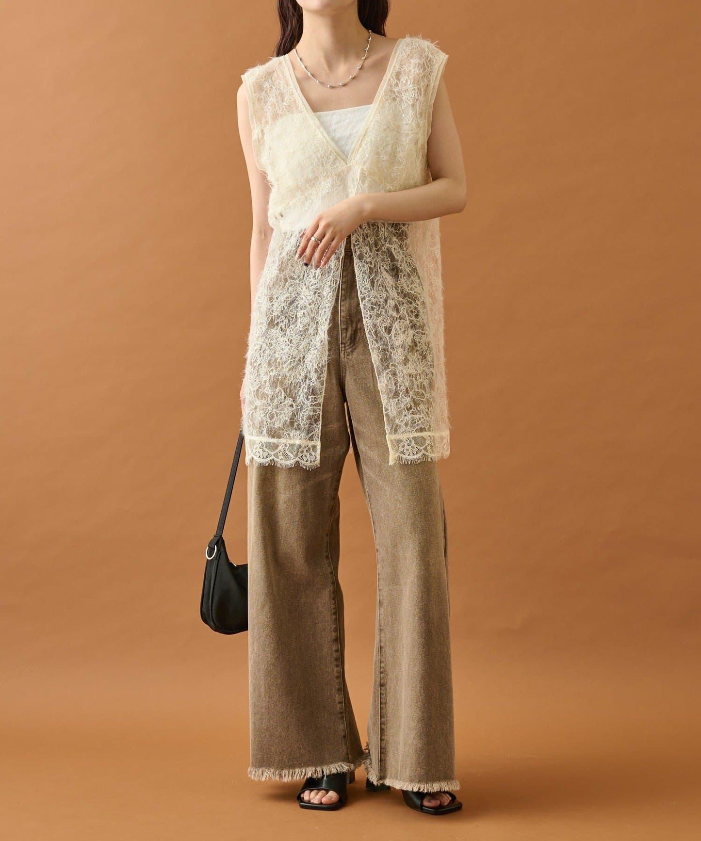 長毛蕾絲背心長款上衣