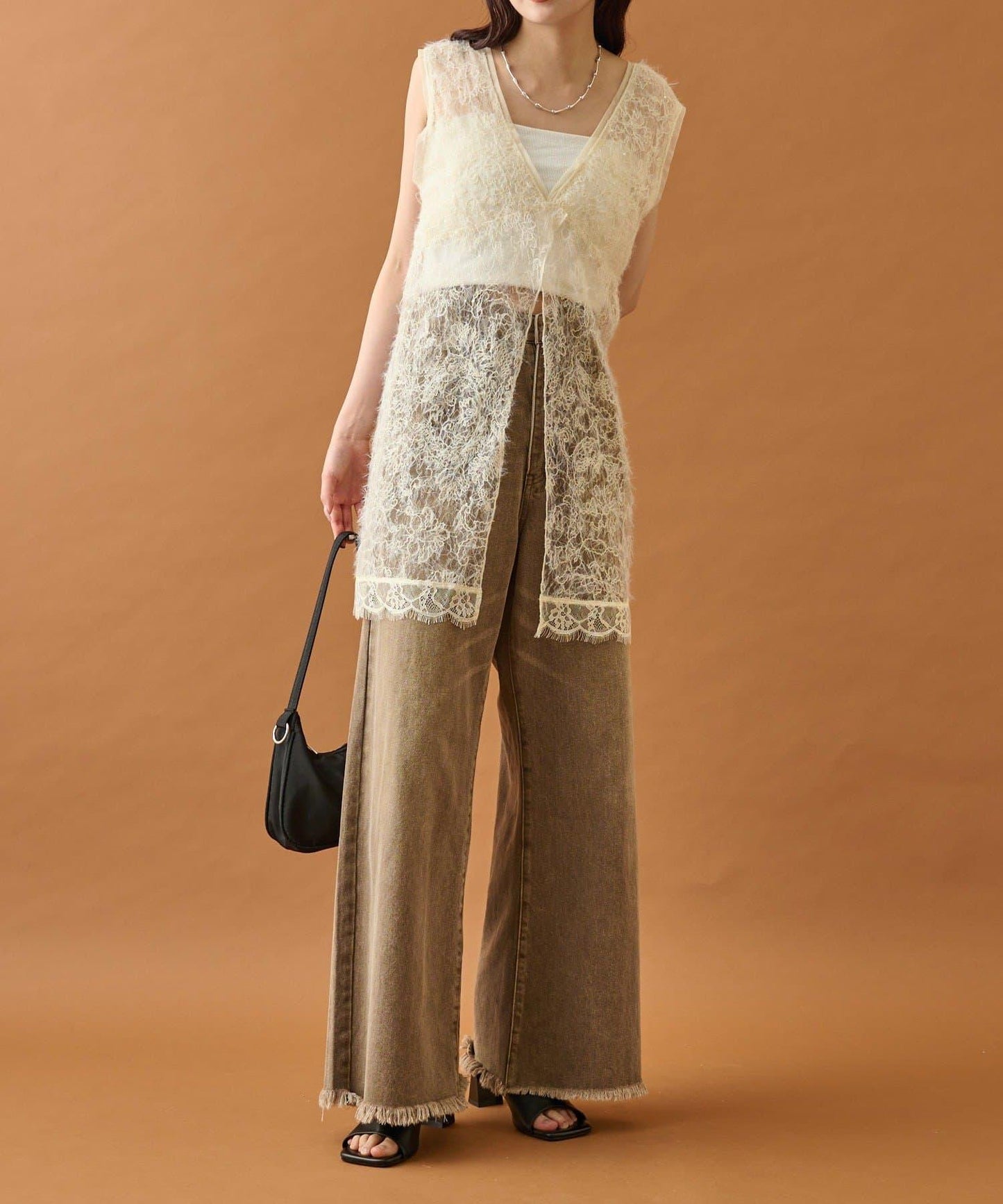 長毛蕾絲背心長款上衣