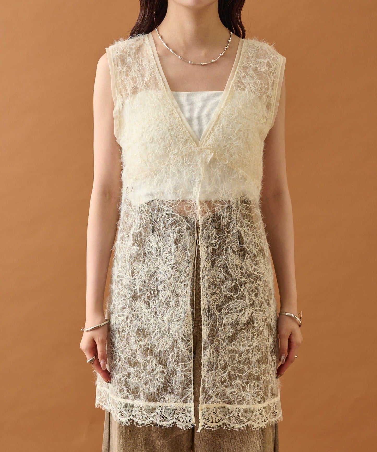 長毛蕾絲背心長款上衣