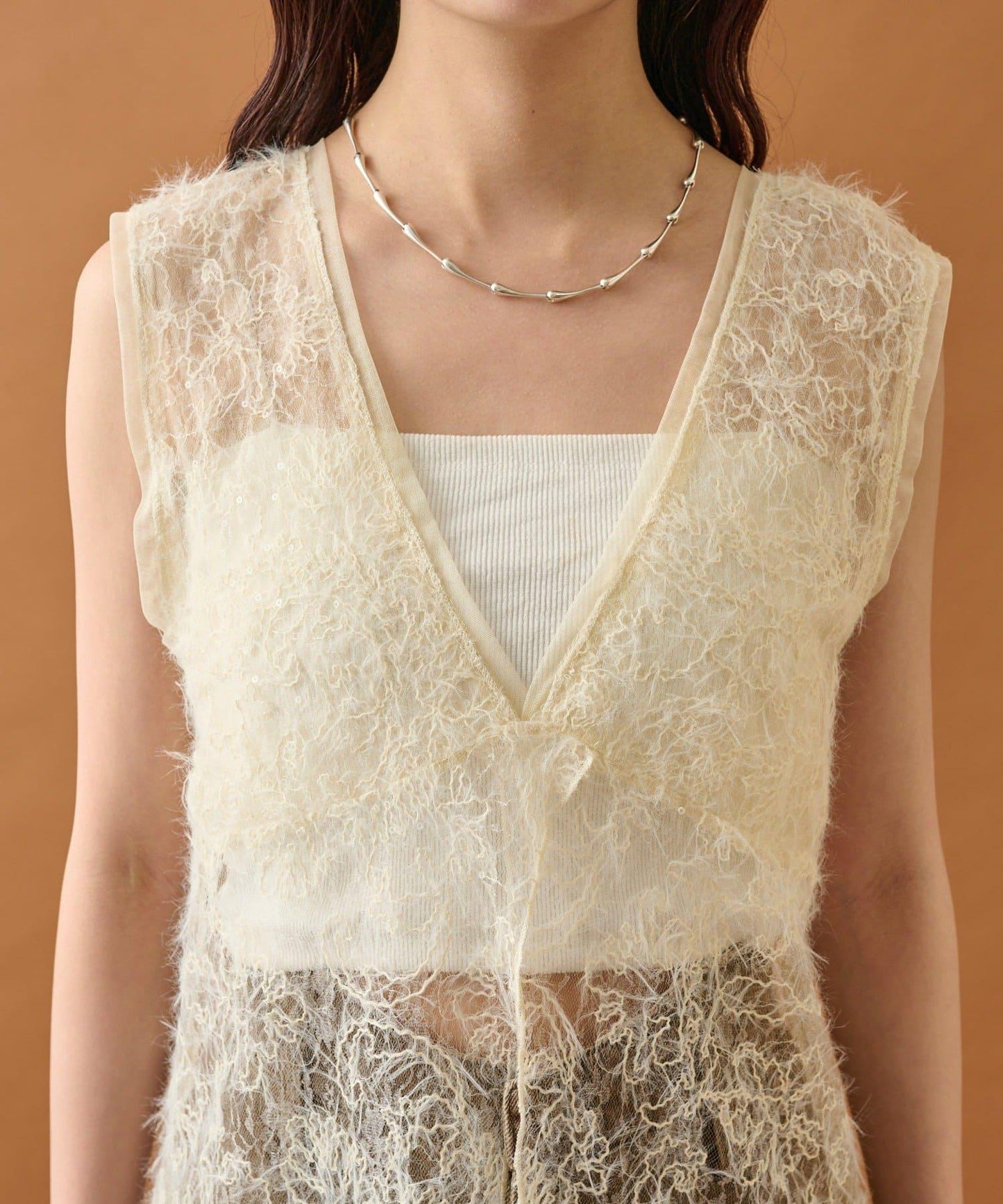 長毛蕾絲背心長款上衣