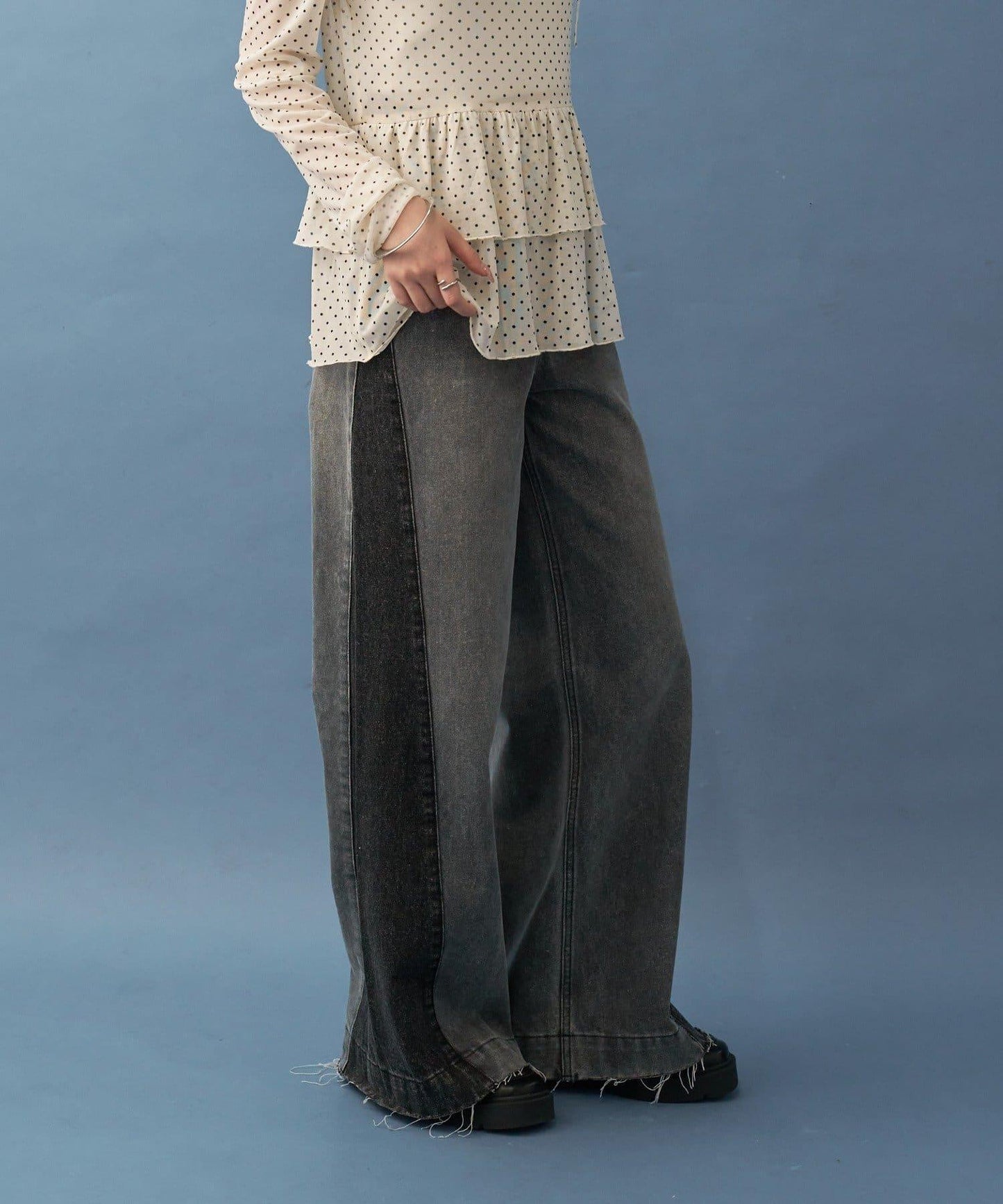 【高腰顯腿長】拼接牛仔褲