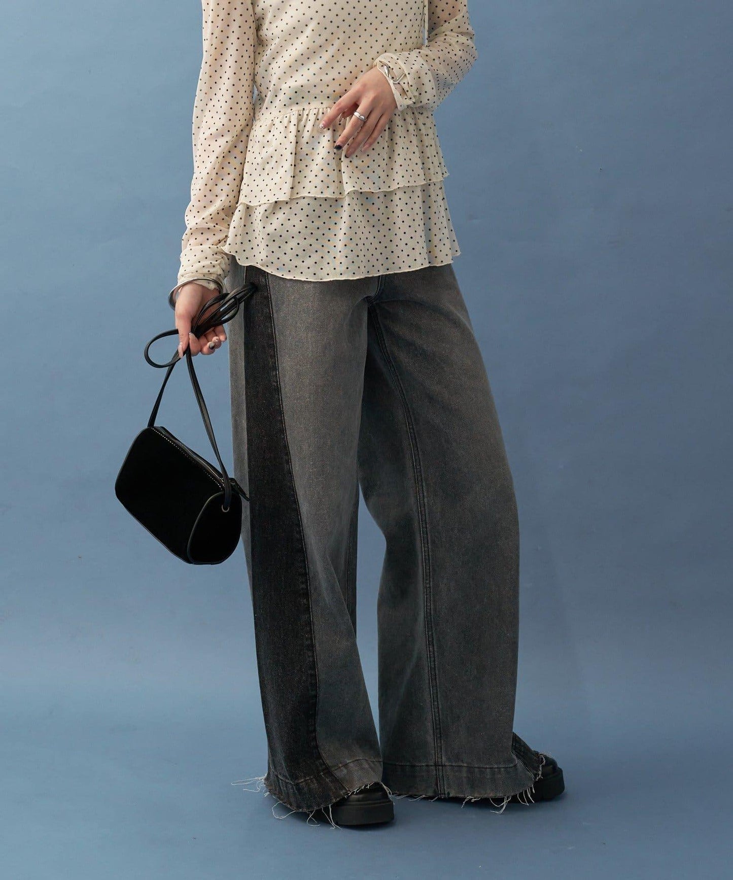 【高腰顯腿長】拼接牛仔褲