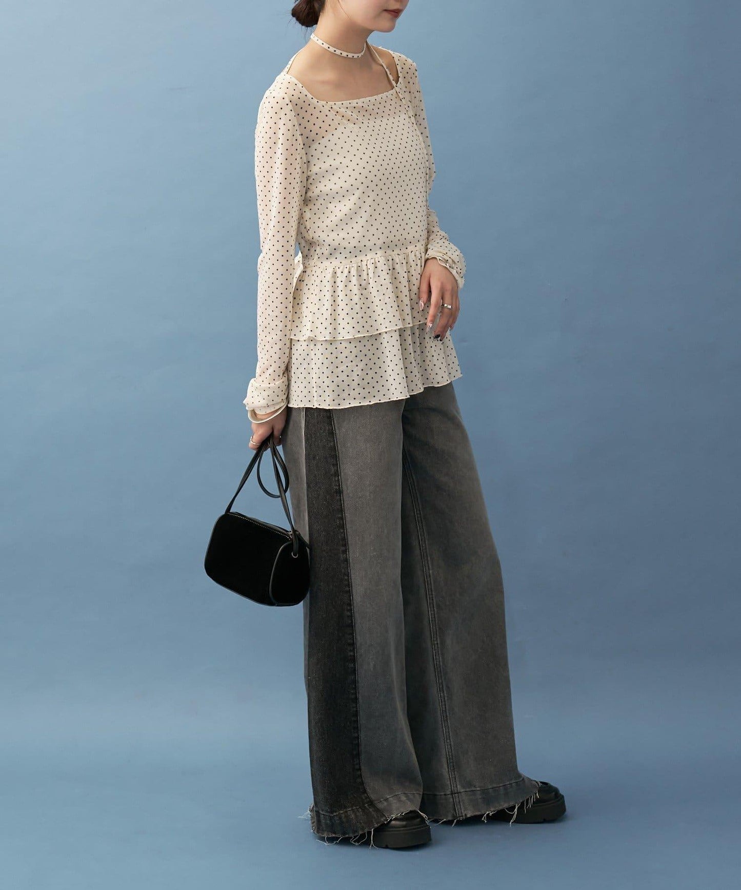 【高腰顯腿長】拼接牛仔褲