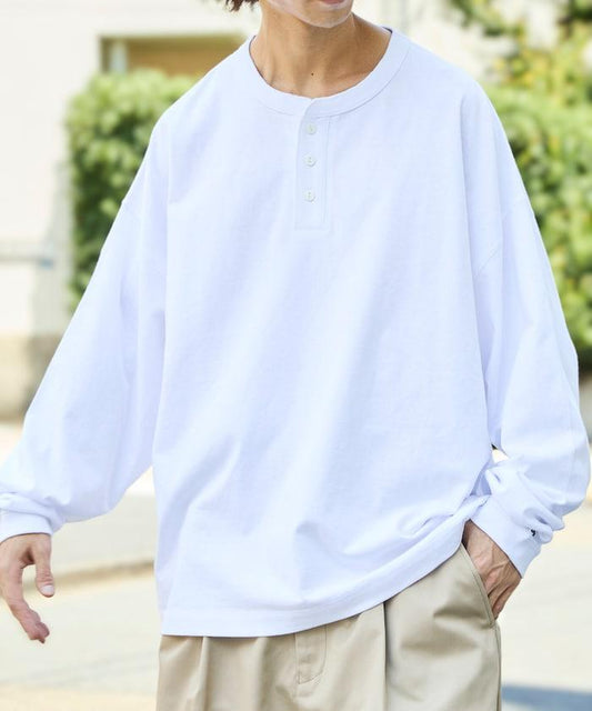 寬鬆版型 單點刺繡 亨利領 長袖T恤