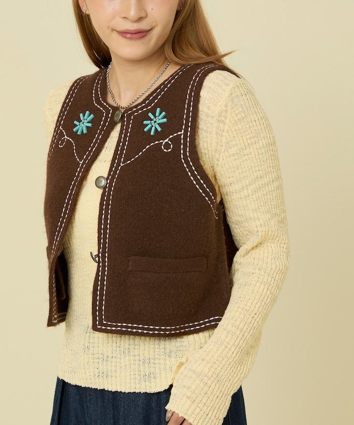 西部風格珠飾針織馬甲/金屬紐扣馬甲