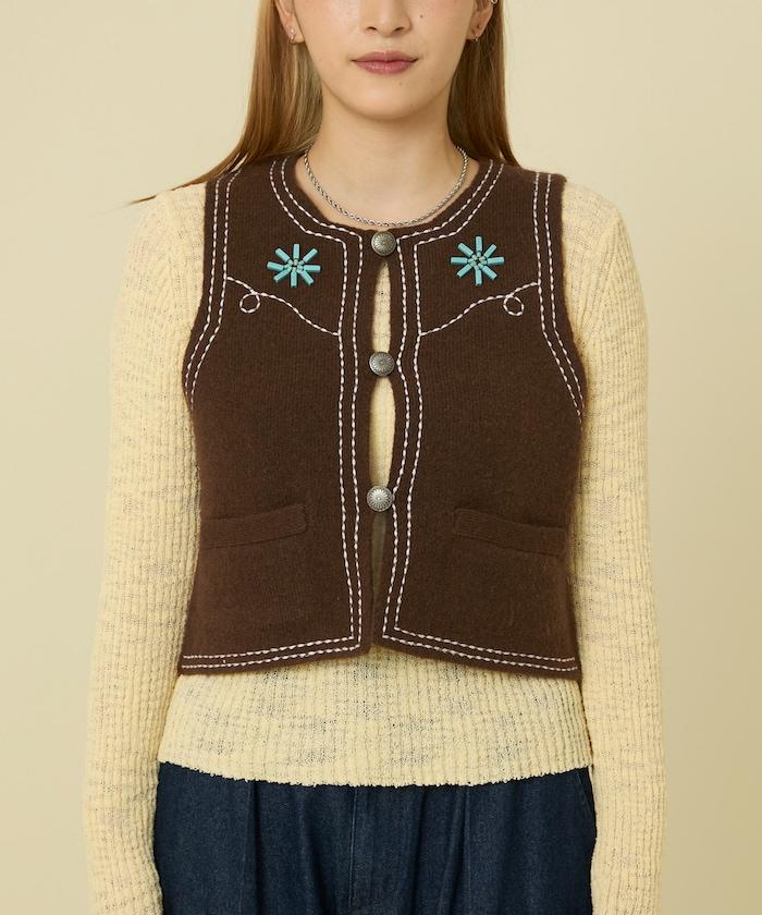 西部風格珠飾針織馬甲/金屬紐扣馬甲