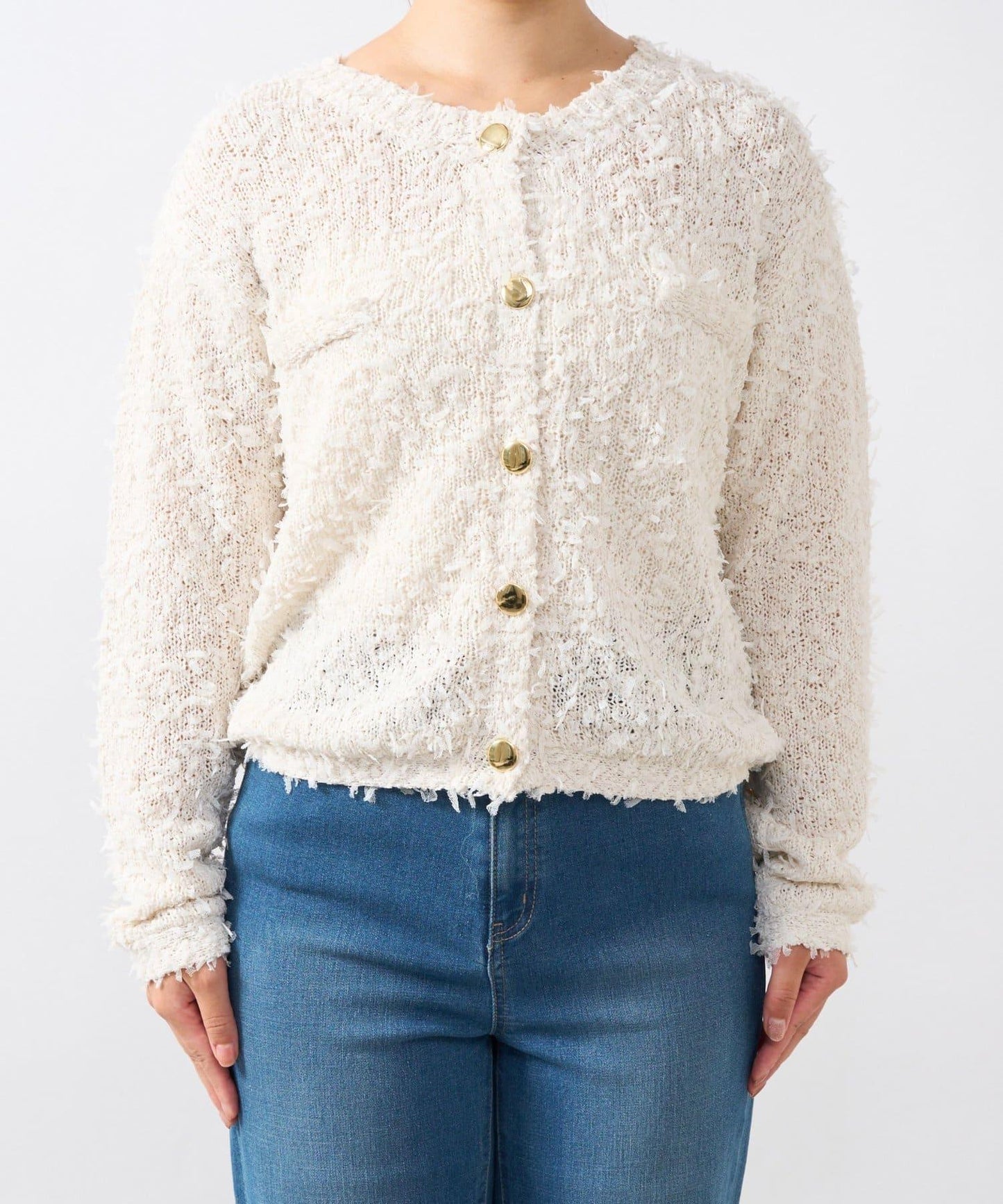 適合打造輕盈造型的亮片薄紗帶紗線金色紐扣開衫