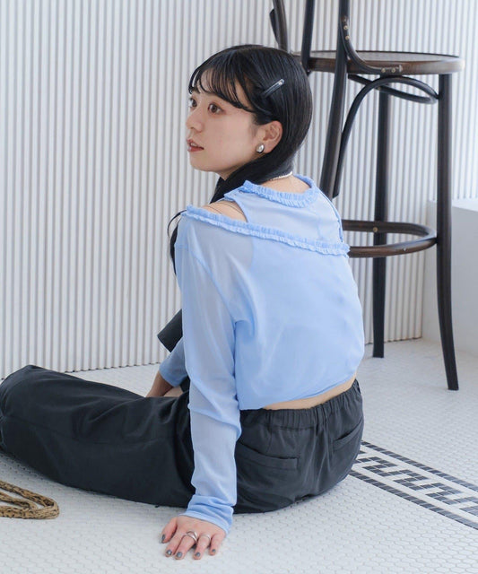 不對稱疊穿透視長袖T恤