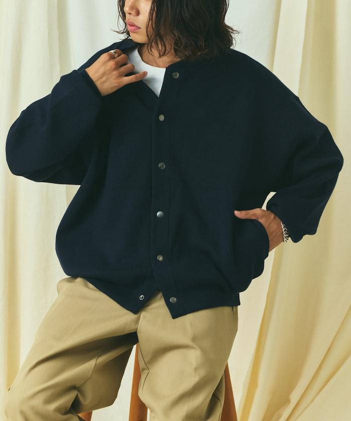 寬鬆版型 休閒風針織衛衣風圓領按扣開衫