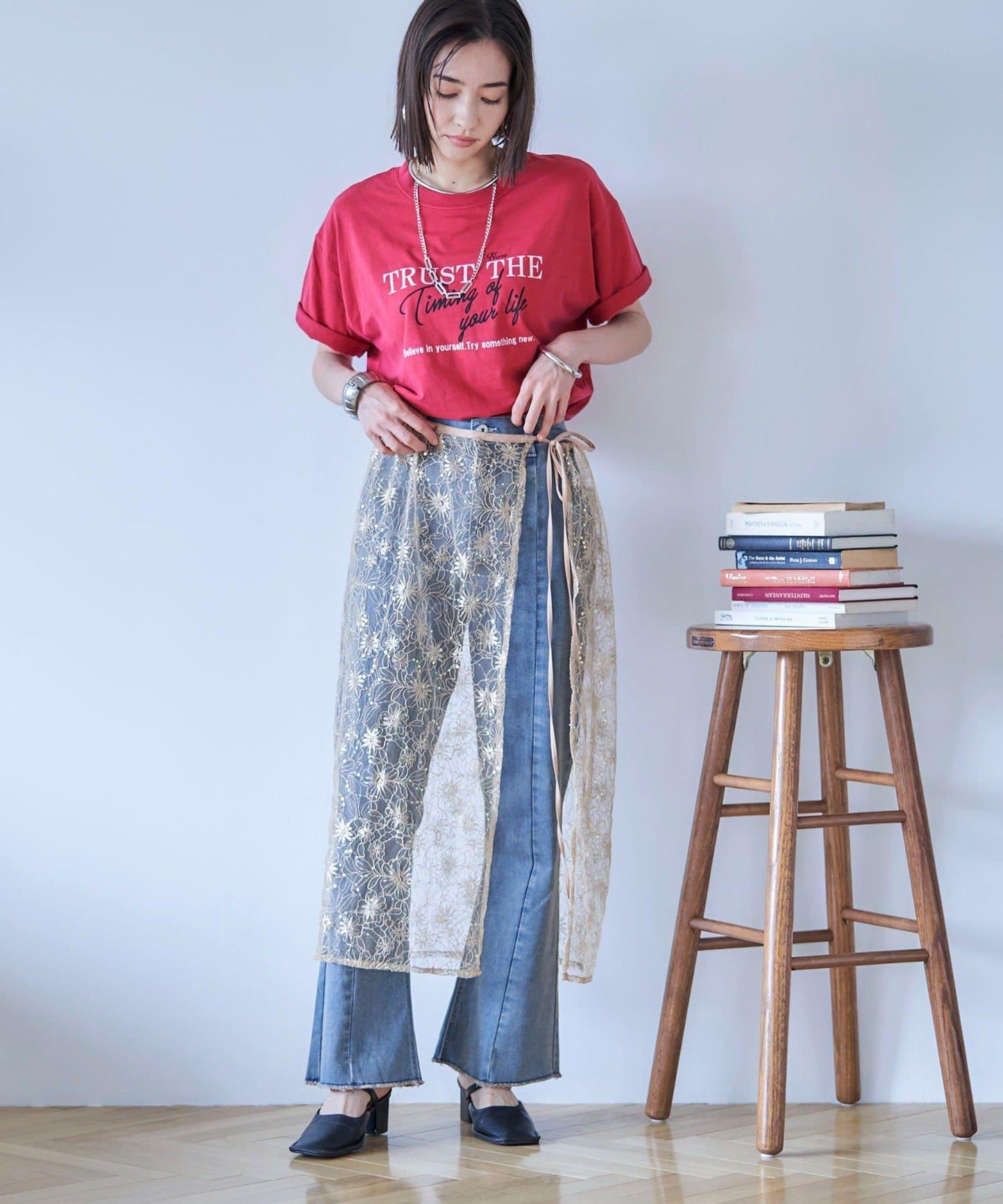 【nane】《サイズ展開有》直筒牛仔喇叭褲