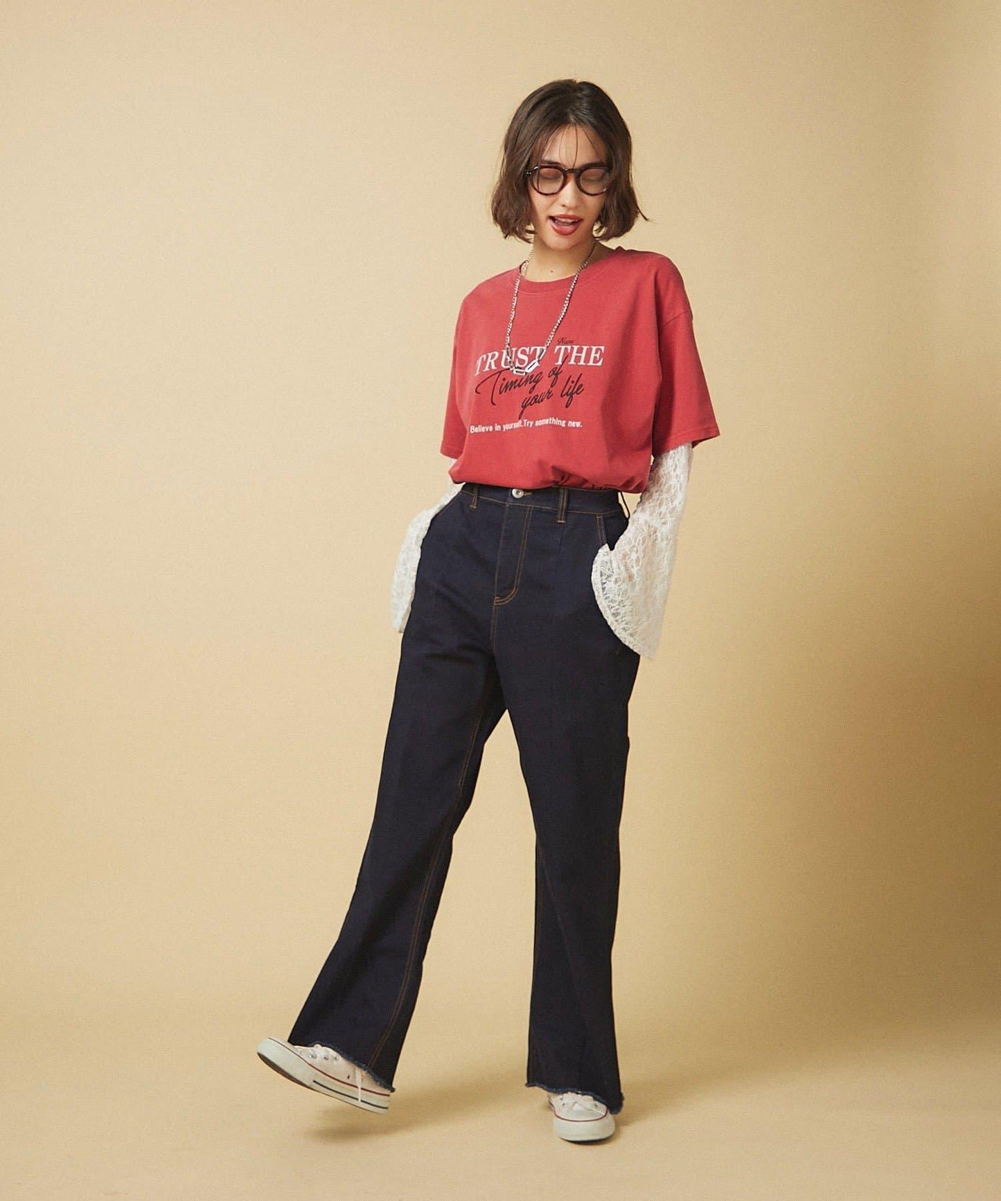 【nane】《サイズ展開有》直筒牛仔喇叭褲