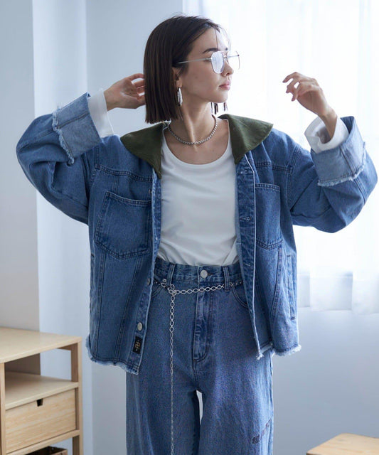 【NUNIFE】燈芯絨拼色牛仔寬鬆外套【可拆卸】