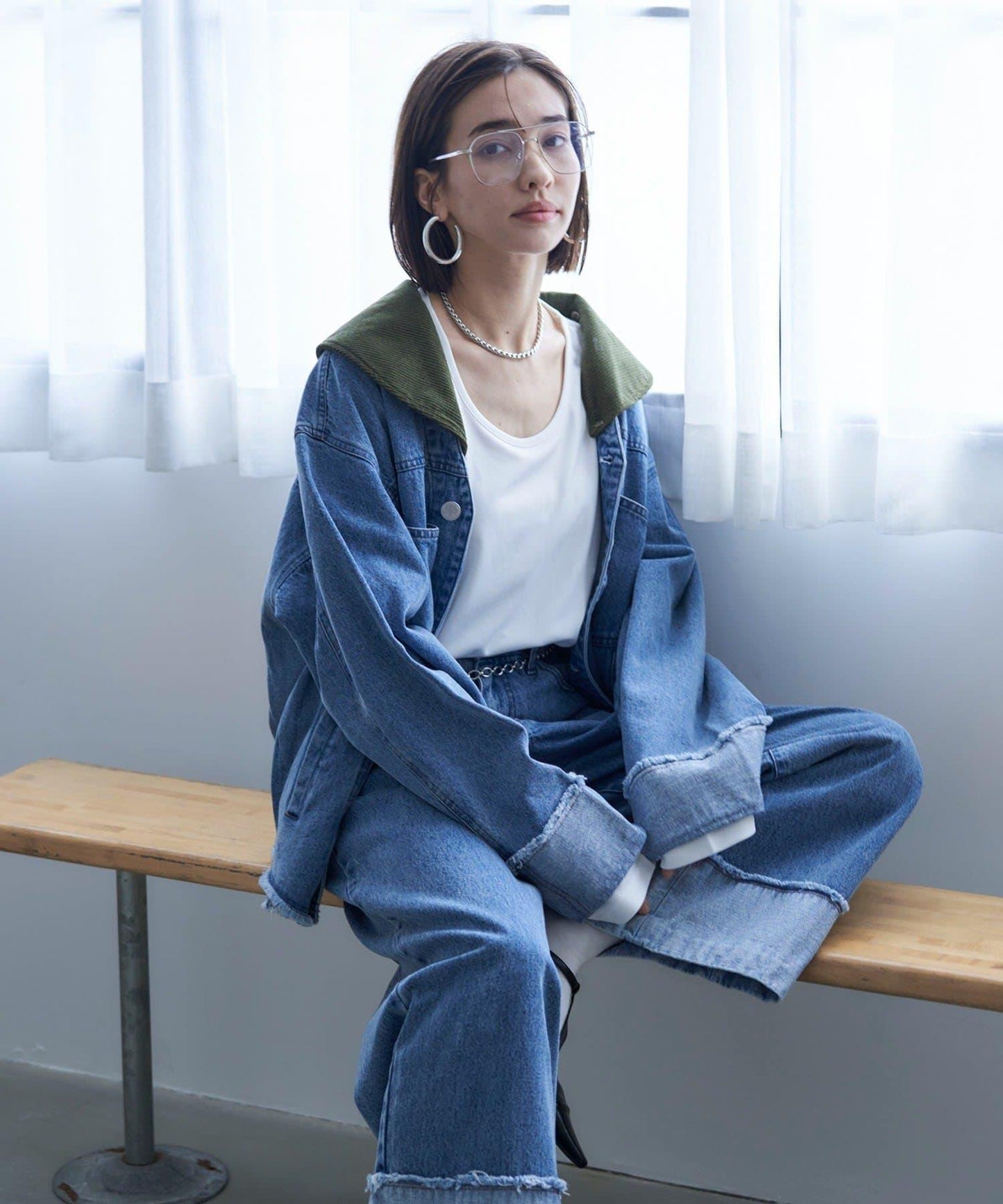 【NUNIFE】卷邊牛仔寬腿褲